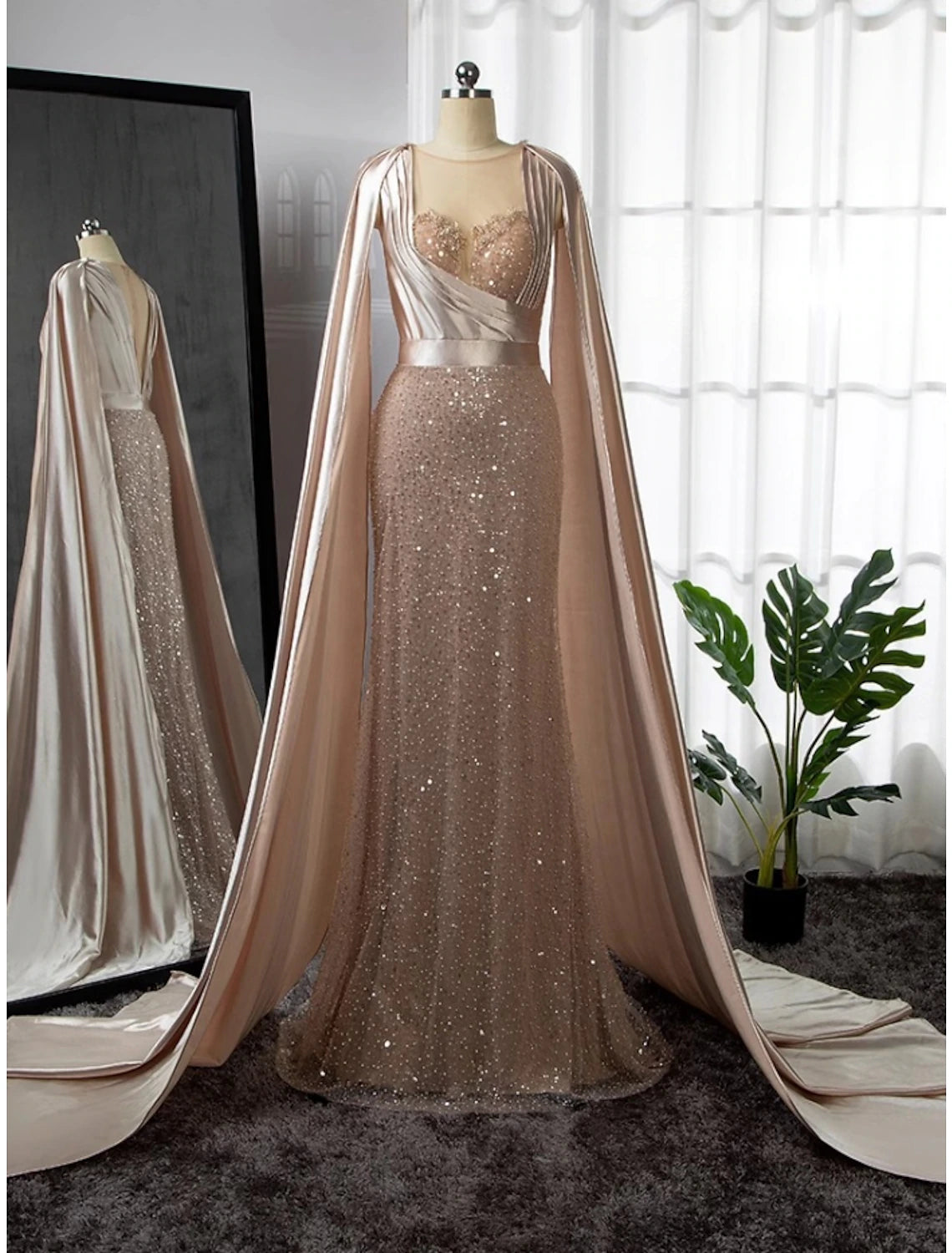 A-Linien-Abendkleid, elegantes Kleid, formelle Hofschleppe, lange Ärmel, Illusionsausschnitt, Stretch-Satin mit Falten, gerüschte Perlen